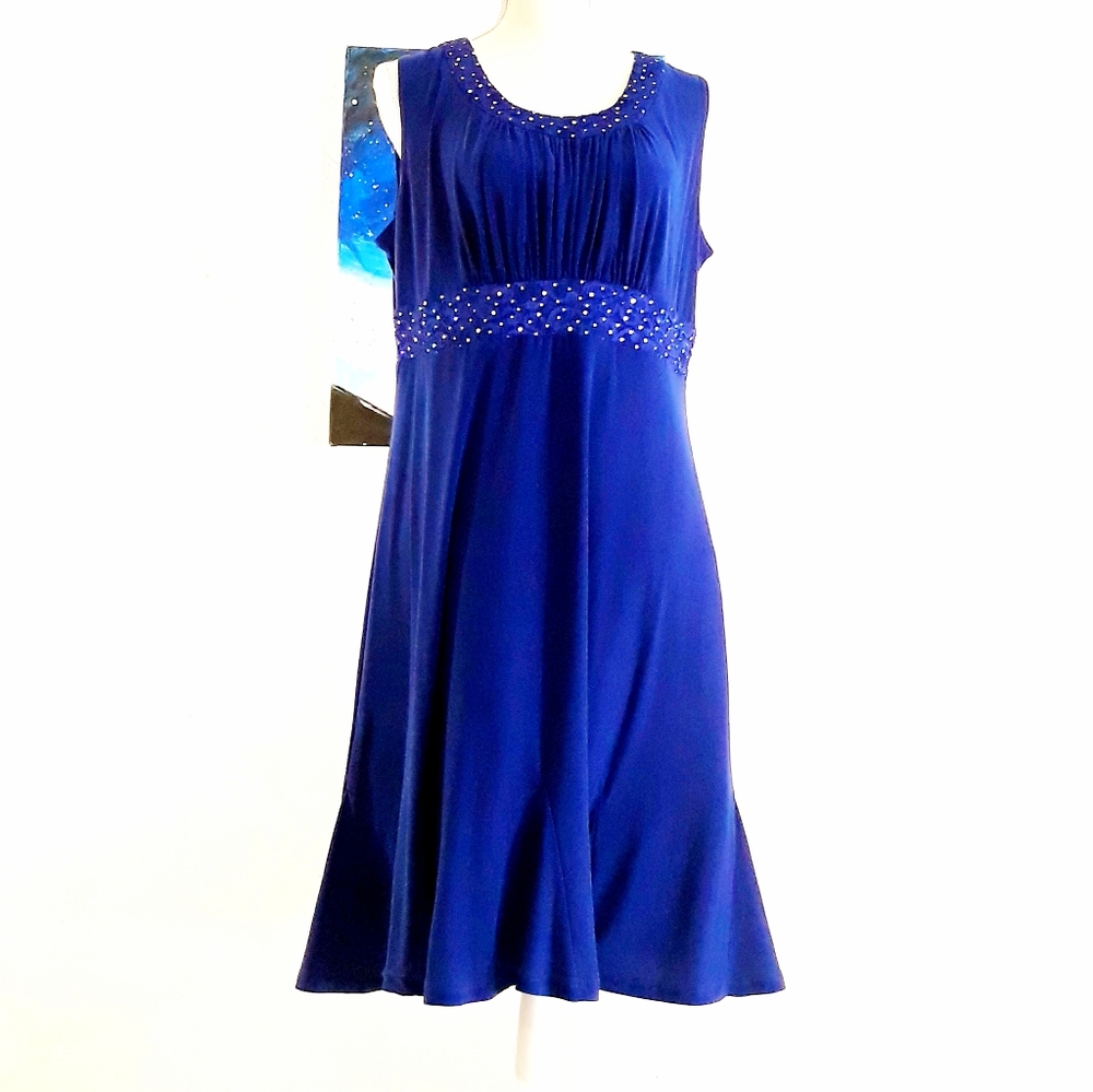 Vintage Kathy Roberts Blue Empire Waist Party Dress with Lace Sequin Accents